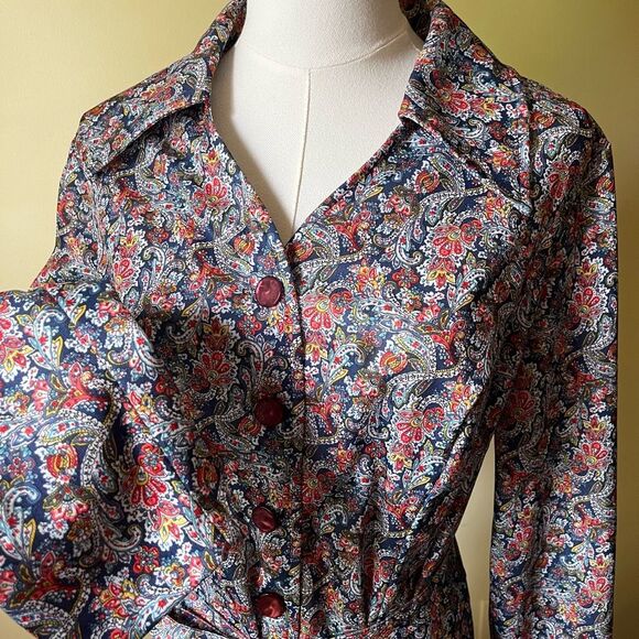 Vintage 70s Long Sleeve Shirt Dress Button Front Tie Waist Size XL‎ Blue Paisley - Picture 3 of 9